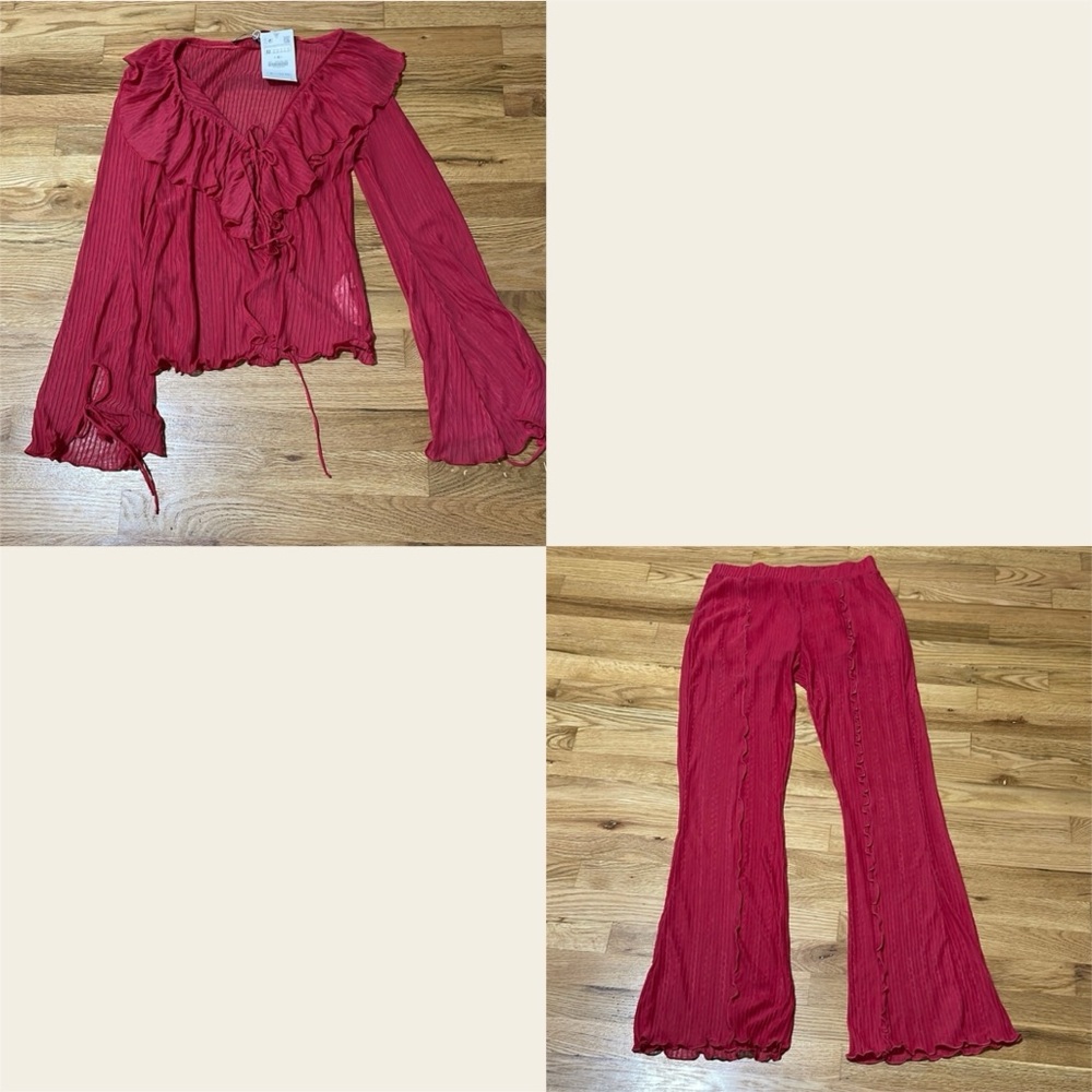 Zara Red Sheer Matching Set - Top Size M & Pants Size L